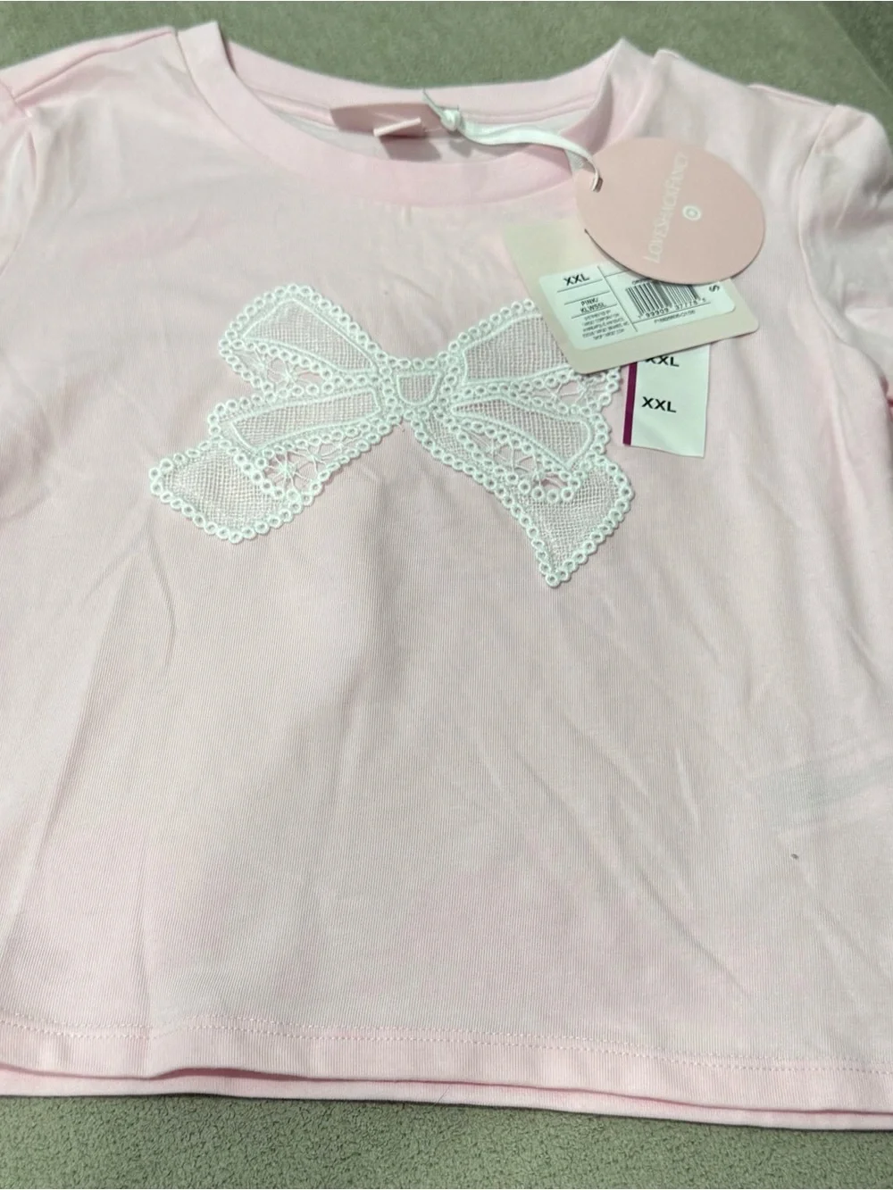 LoveShackFancy Pink Short Sleeve Tee with White Lace Bow Appliqué